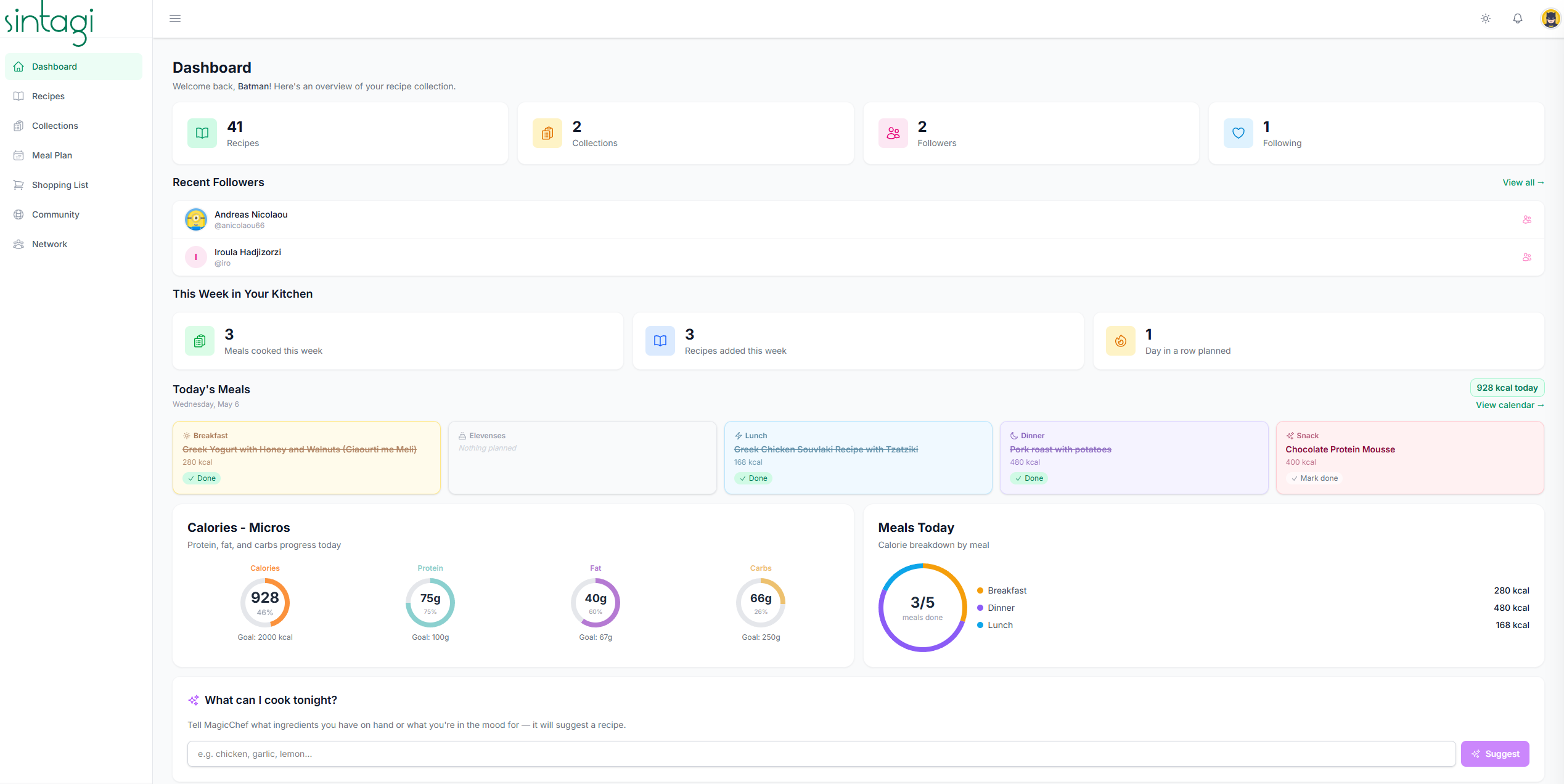 Sintagi dashboard — recipes, meal plan & AI suggestions
